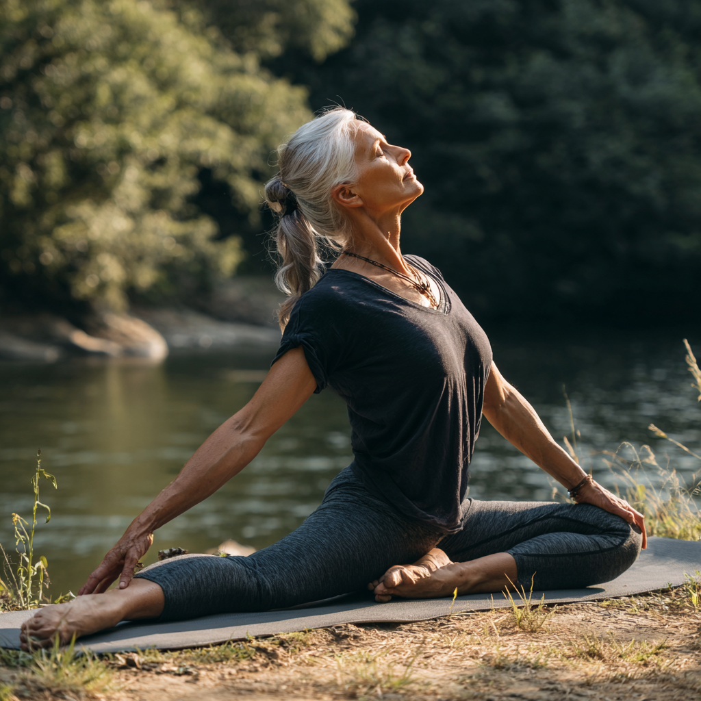 mature adult practicing gentle yoga poses in natural peaceful environment