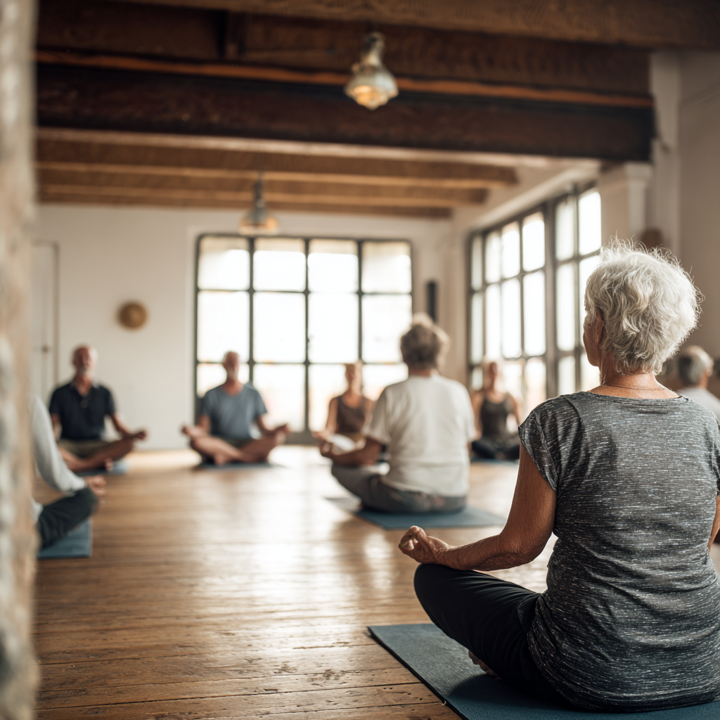 serene yoga studio interior with older adults practicing meditation in peaceful setting